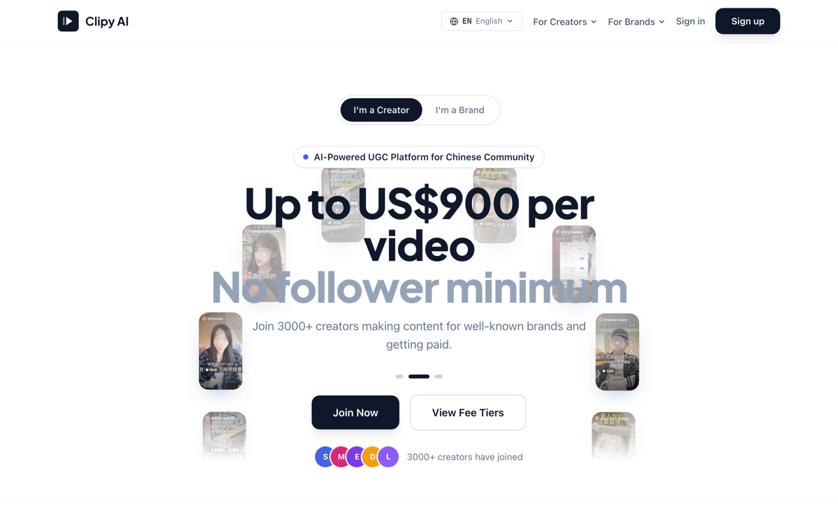 Screenshot of the Clipy AI homepage