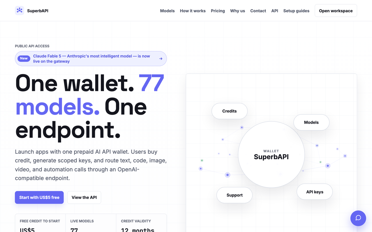 Screenshot of the SuperbAPI homepage